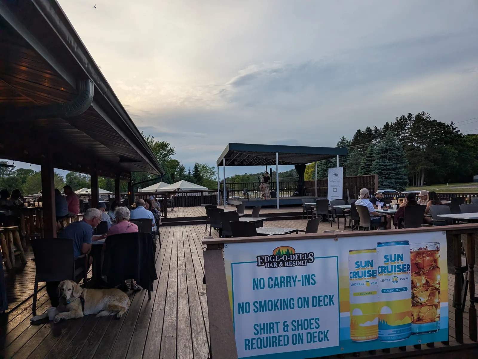The covered deck at Edge-O-Dells Bar & Restaurant in Wisconsin Dells on a summer evening